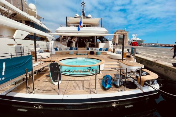 Superyacht LUMIERE docked at the MYBA Yacht Show in Sanremo