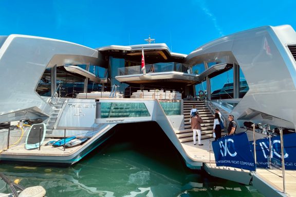 Luxury power catamaran THIS IS IT at MYBA Yacht Show in Sanremo